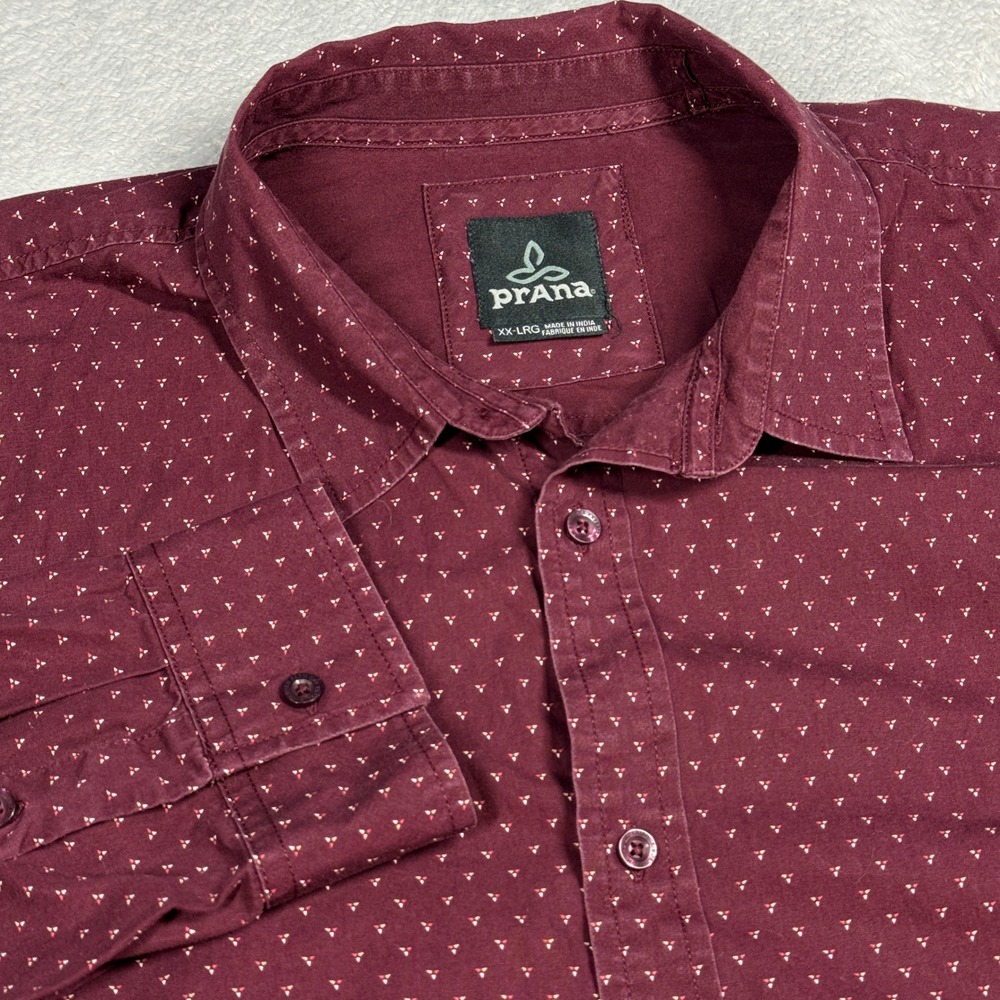 Prana Button Down Shirt Mens XXL Burgundy Geometric Organic Cotton M2LUST316